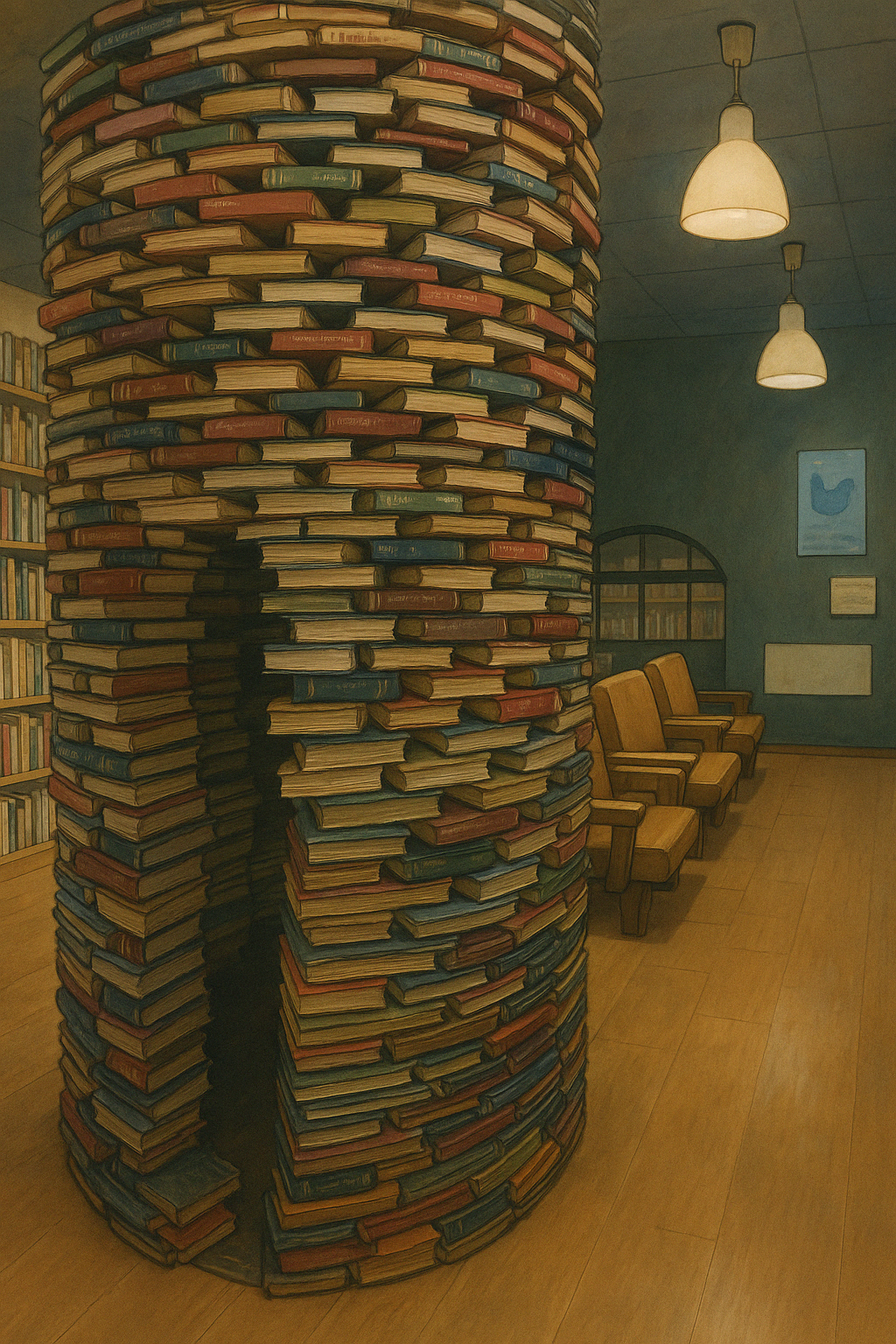 Columna formada por libros en una biblioteca